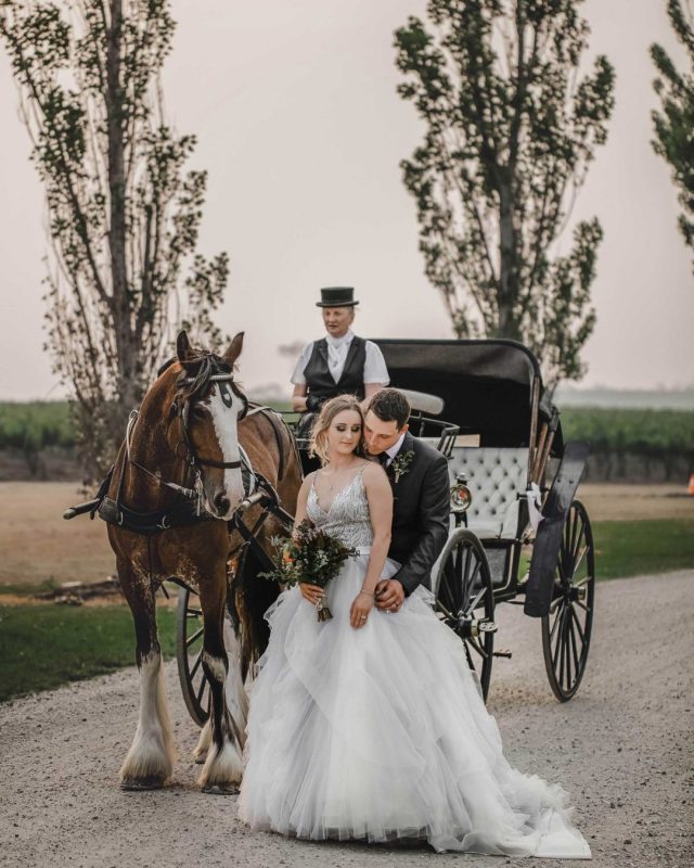 bride and groom with a horse carriage in background