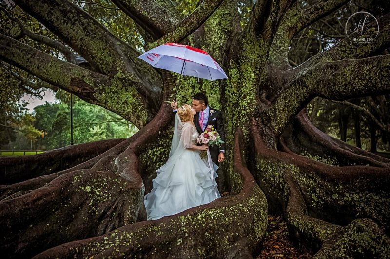 groom and bride holding an umbrella in a rainforest backdrop